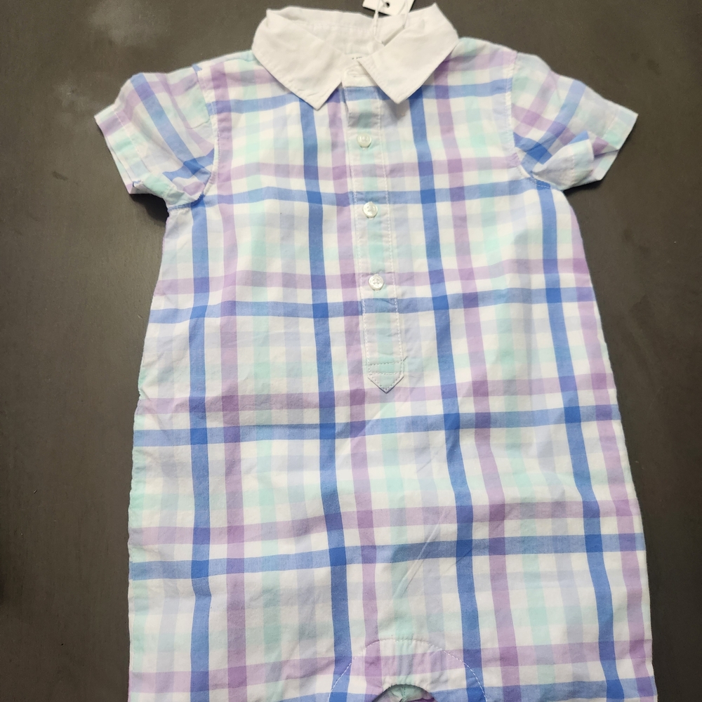 Janie and Jack Pastel Plaid Romper with White Collar
